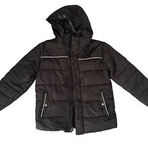 SWISS TECH Kids Black Hooded Puffer Jacket Size M 8 Zip Up Reflective Outerwear